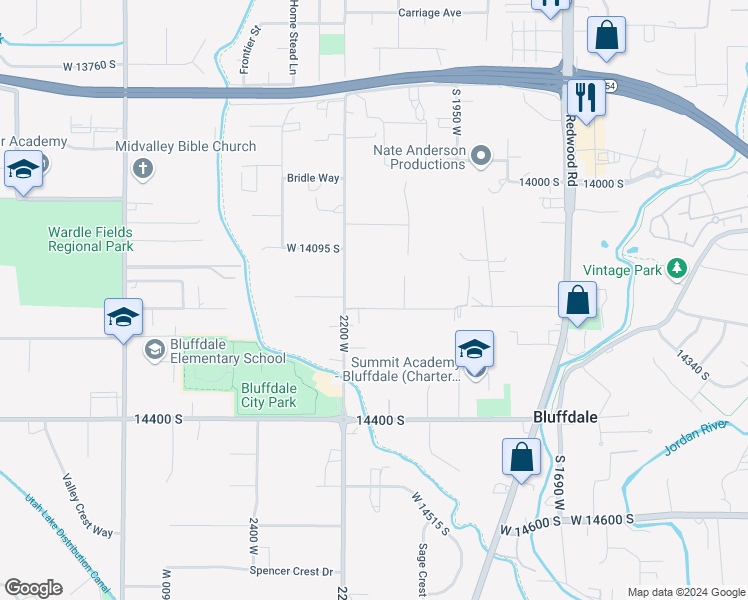 map of restaurants, bars, coffee shops, grocery stores, and more near 2130 West 14200 South in Riverton