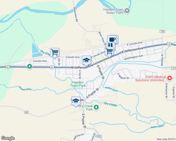 map of restaurants, bars, coffee shops, grocery stores, and more near 101 North 2nd Street in Hayden