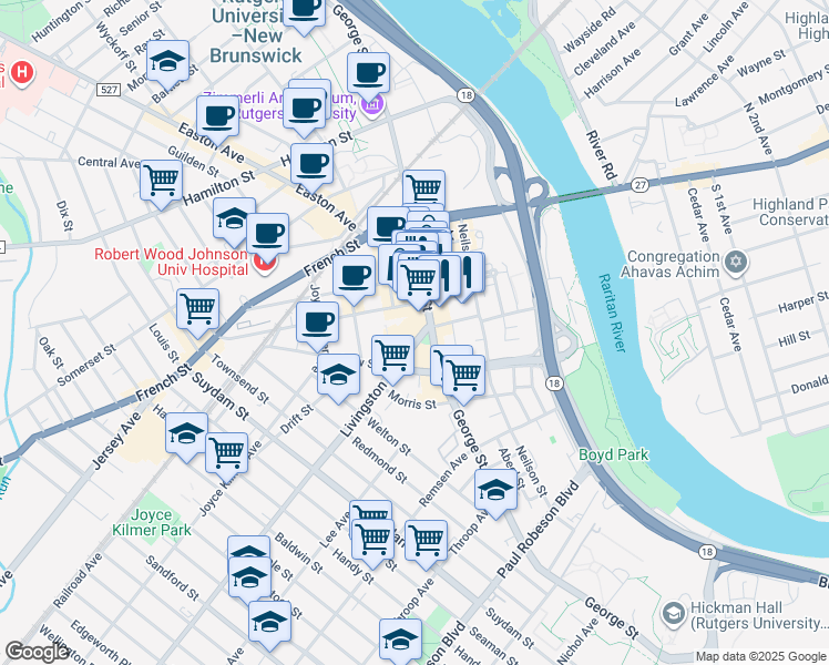 map of restaurants, bars, coffee shops, grocery stores, and more near in New Brunswick