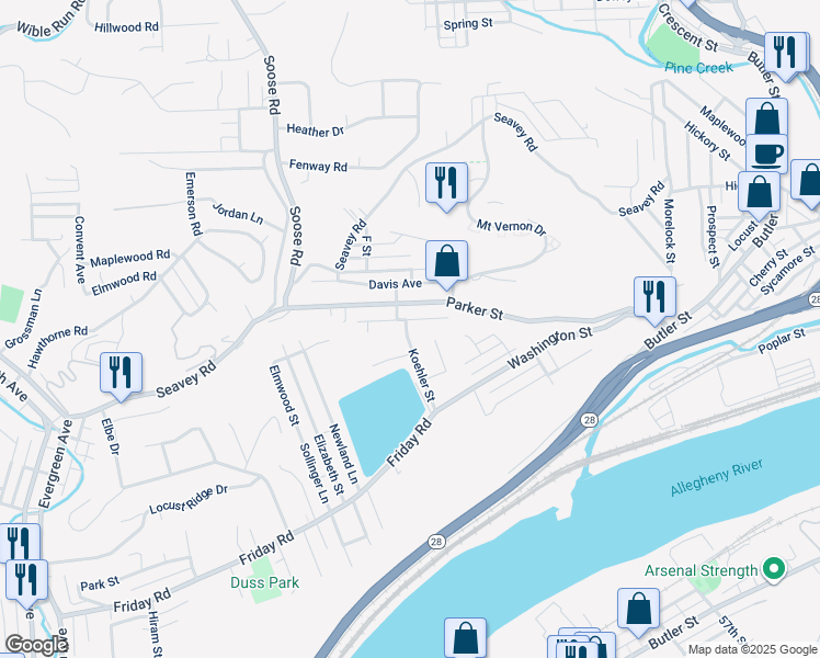 map of restaurants, bars, coffee shops, grocery stores, and more near 221 Parker Street in Pittsburgh