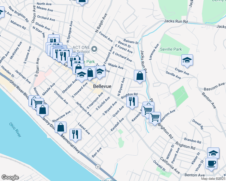 map of restaurants, bars, coffee shops, grocery stores, and more near 35 North Euclid Avenue in Pittsburgh