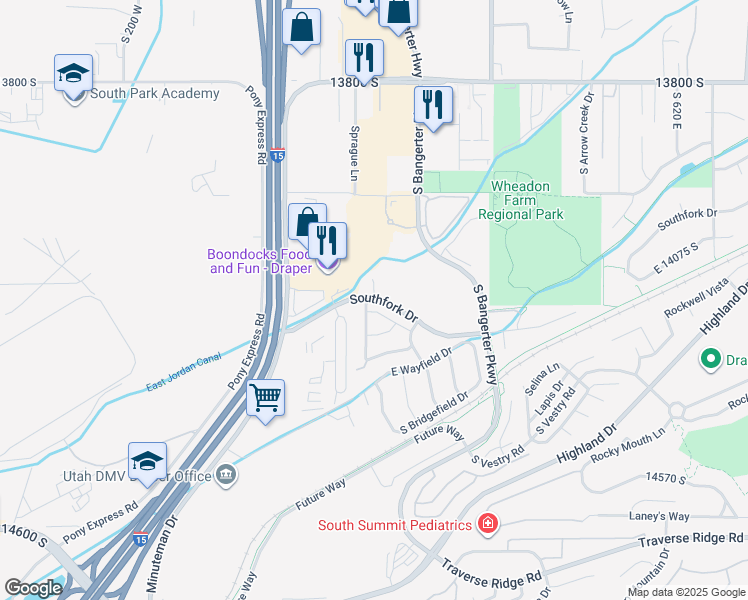 map of restaurants, bars, coffee shops, grocery stores, and more near 14193 Flowerfield Circle in Draper