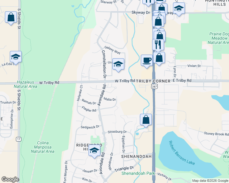 map of restaurants, bars, coffee shops, grocery stores, and more near 309 West Trilby Road in Fort Collins