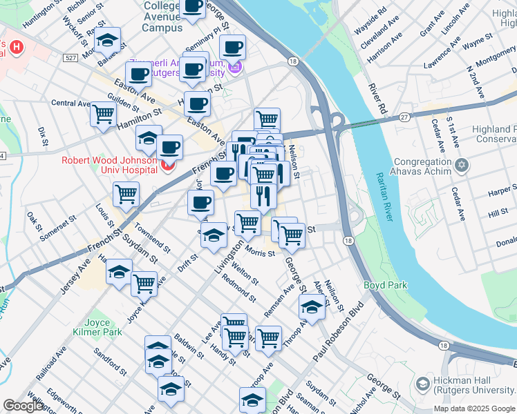 map of restaurants, bars, coffee shops, grocery stores, and more near 70 Bayard Street in New Brunswick