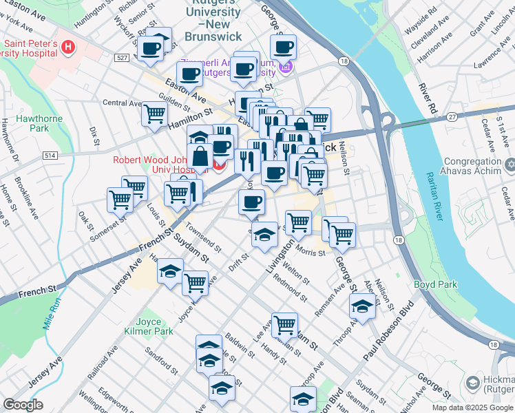 map of restaurants, bars, coffee shops, grocery stores, and more near 107 Bayard Street in New Brunswick