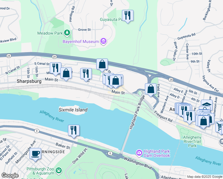map of restaurants, bars, coffee shops, grocery stores, and more near 120 23rd Street in Sharpsburg