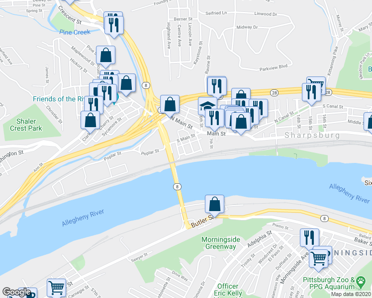 map of restaurants, bars, coffee shops, grocery stores, and more near 201 South Main Street in Sharpsburg