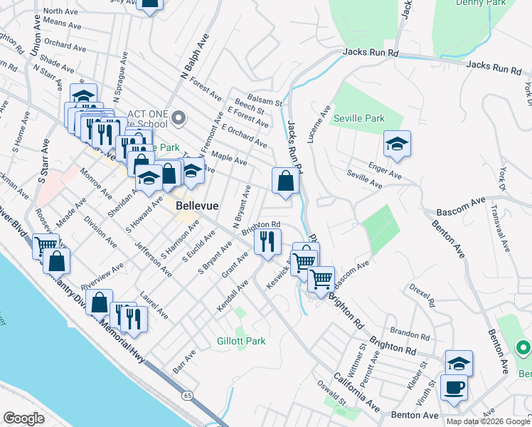 map of restaurants, bars, coffee shops, grocery stores, and more near 132 Watkins Avenue in Pittsburgh