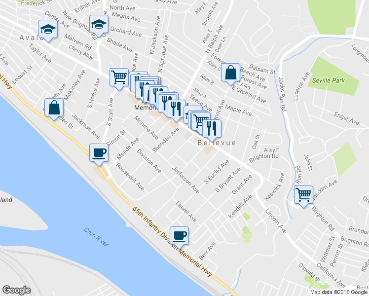 map of restaurants, bars, coffee shops, grocery stores, and more near 50 South Howard Avenue in Pittsburgh
