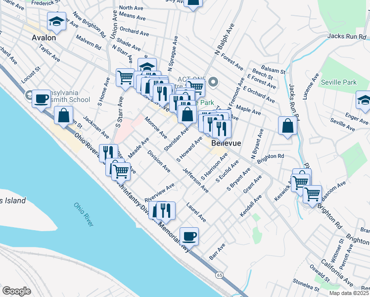 map of restaurants, bars, coffee shops, grocery stores, and more near 435 Lincoln Avenue in Bellevue