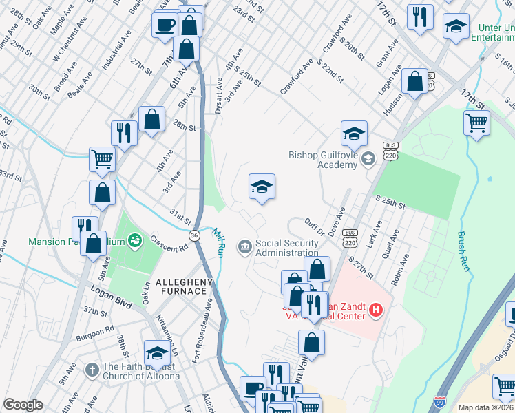 map of restaurants, bars, coffee shops, grocery stores, and more near 310 Cayuga Avenue in Altoona