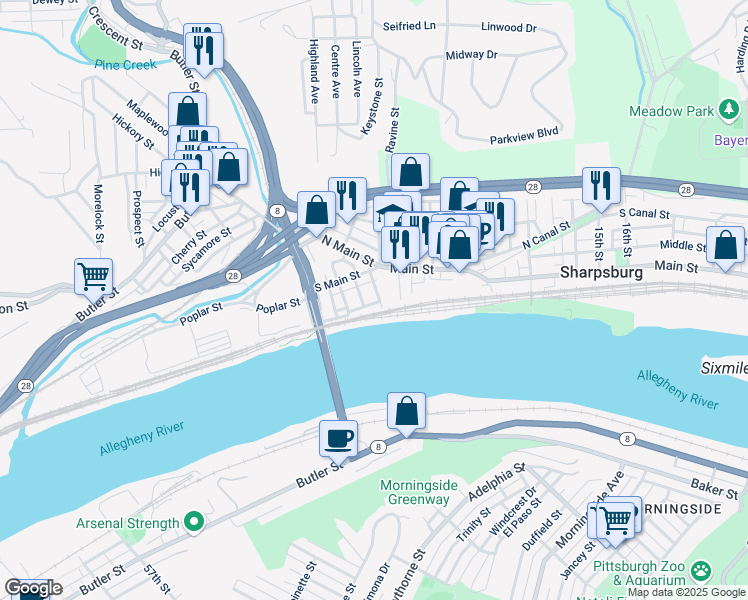 map of restaurants, bars, coffee shops, grocery stores, and more near 412 Short Canal Street in Sharpsburg