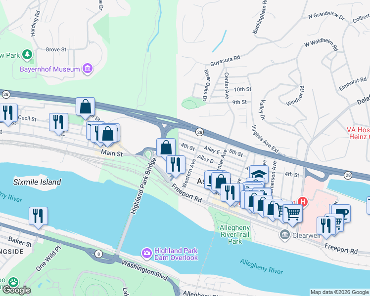 map of restaurants, bars, coffee shops, grocery stores, and more near 375 Field Avenue in Aspinwall