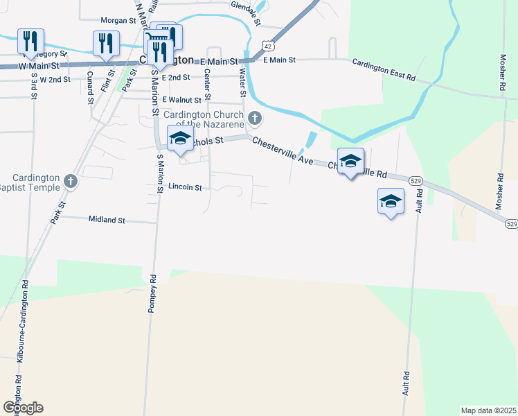 map of restaurants, bars, coffee shops, grocery stores, and more near 472 Kinsale Drive in Cardington