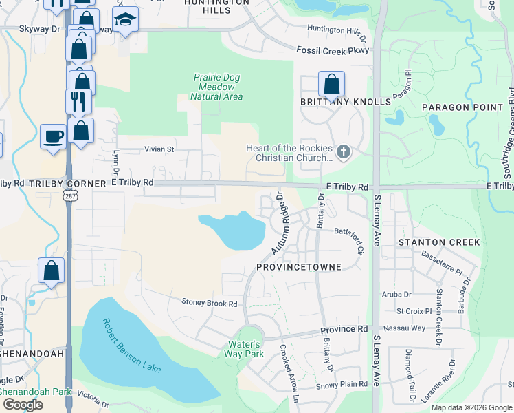 map of restaurants, bars, coffee shops, grocery stores, and more near 6615 Desert Willow Way in Fort Collins