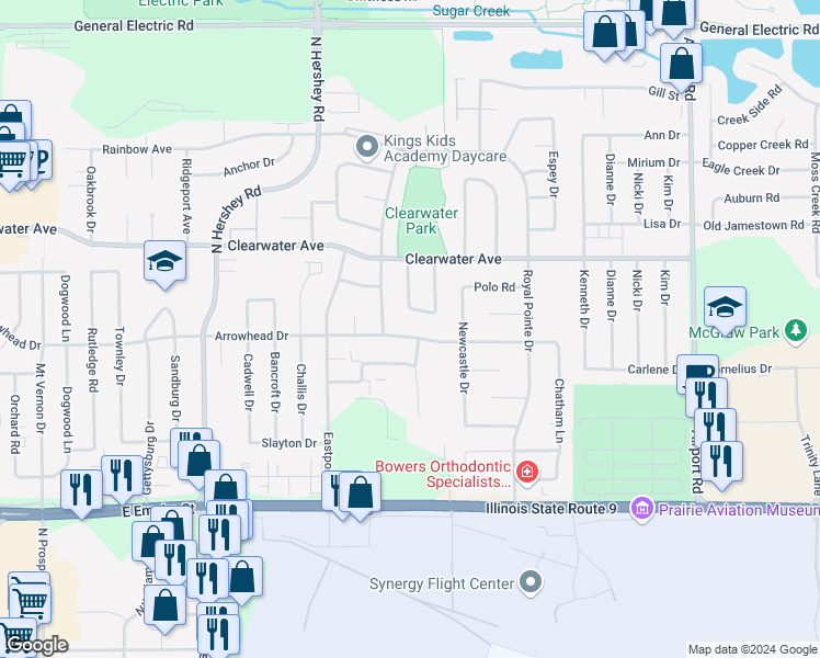 map of restaurants, bars, coffee shops, grocery stores, and more near 2752 Arrowhead Drive in Bloomington