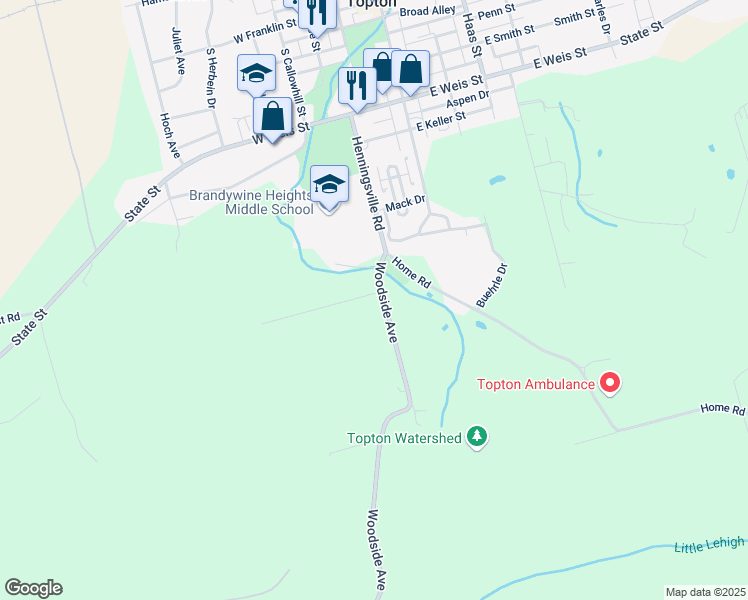 map of restaurants, bars, coffee shops, grocery stores, and more near 703 Woodside Avenue in Mertztown