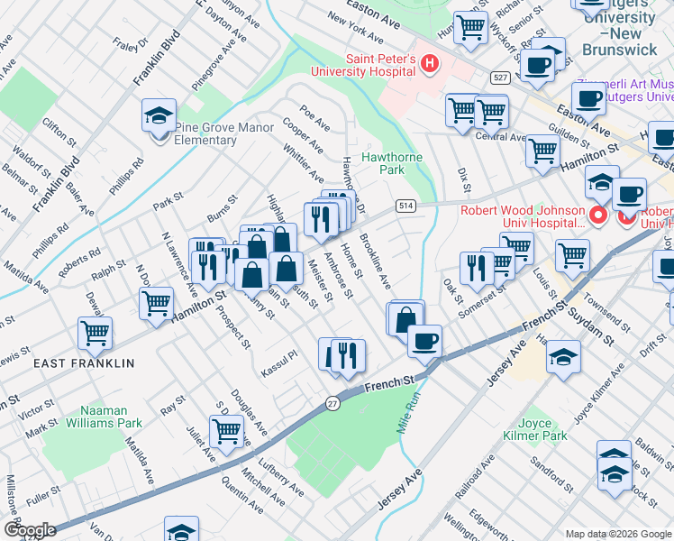 map of restaurants, bars, coffee shops, grocery stores, and more near 128 Ambrose Street in Franklin Township