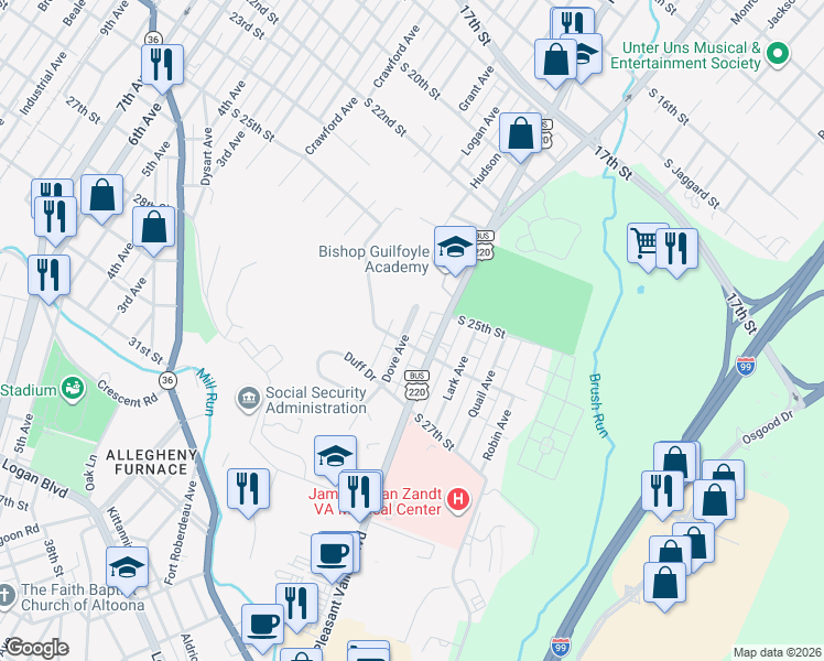 map of restaurants, bars, coffee shops, grocery stores, and more near 2508 Dove Ave in Altoona