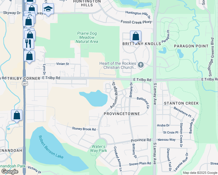 map of restaurants, bars, coffee shops, grocery stores, and more near 6603 Autumn Ridge Drive in Fort Collins