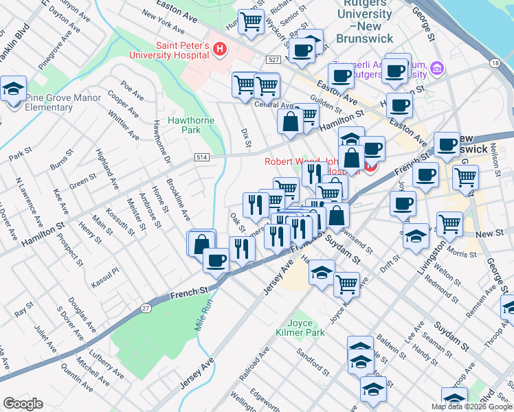 map of restaurants, bars, coffee shops, grocery stores, and more near 21 Freeman Street in New Brunswick