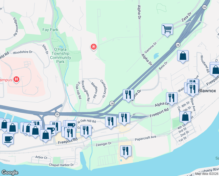 map of restaurants, bars, coffee shops, grocery stores, and more near 330 Canterbury Drive in Pittsburgh