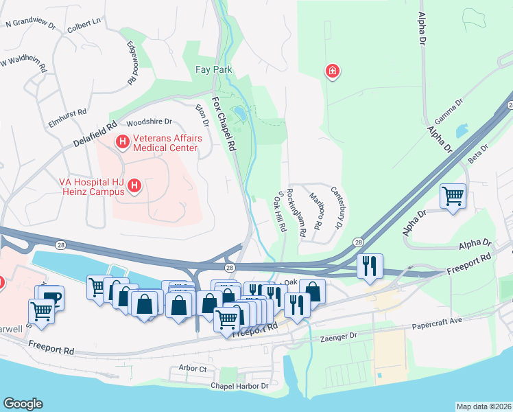 map of restaurants, bars, coffee shops, grocery stores, and more near 610 Fox Chapel Road in Pittsburgh