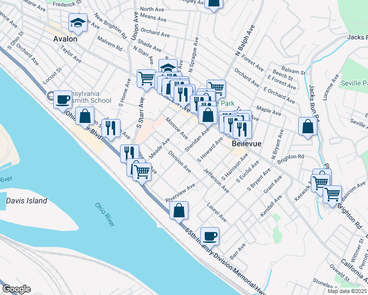 map of restaurants, bars, coffee shops, grocery stores, and more near 56 Sheridan Avenue in Pittsburgh