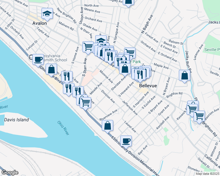 map of restaurants, bars, coffee shops, grocery stores, and more near 532 Madison Avenue in Pittsburgh