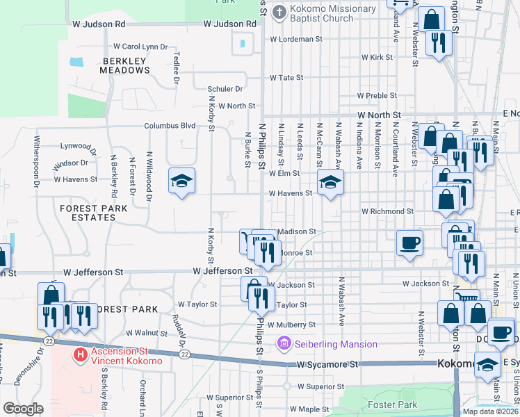 map of restaurants, bars, coffee shops, grocery stores, and more near 911 North Philips Street in Kokomo