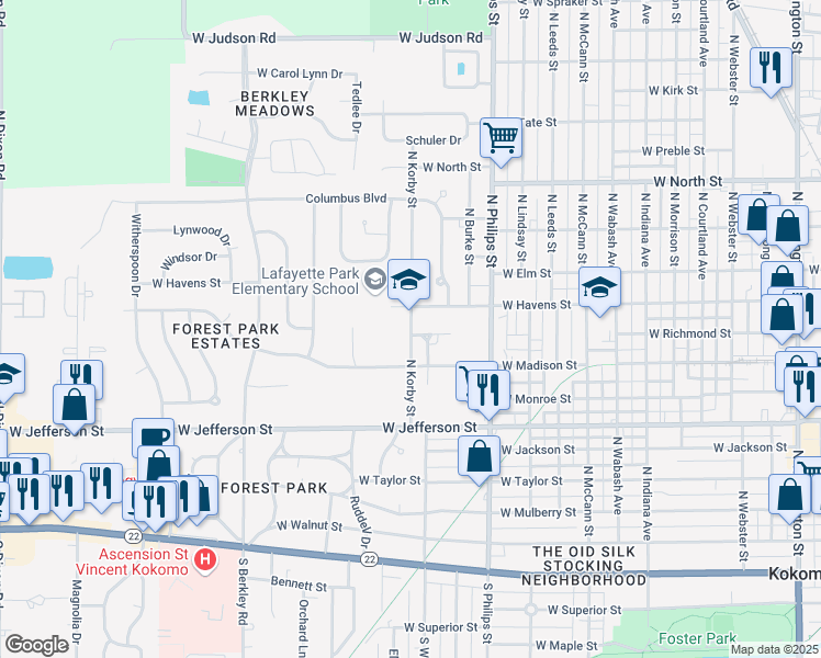 map of restaurants, bars, coffee shops, grocery stores, and more near 923 North Korby Street in Kokomo