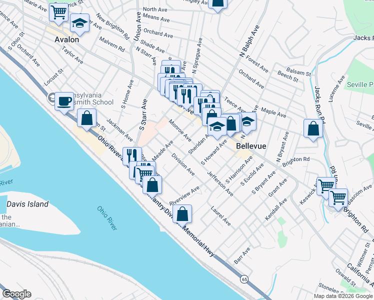 map of restaurants, bars, coffee shops, grocery stores, and more near 88 Sheridan Avenue in Pittsburgh