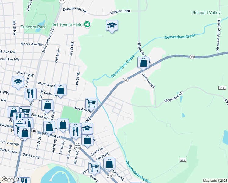 map of restaurants, bars, coffee shops, grocery stores, and more near 521 Beaver Avenue Northeast in New Philadelphia