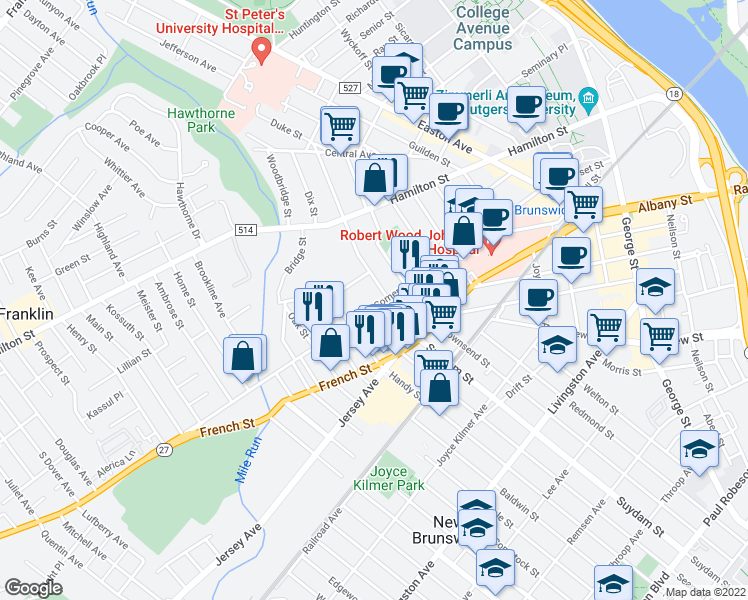map of restaurants, bars, coffee shops, grocery stores, and more near 259 Somerset Street in New Brunswick
