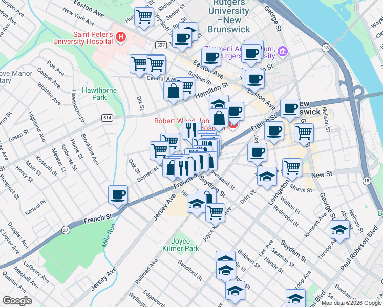 map of restaurants, bars, coffee shops, grocery stores, and more near 26 Harvey Street in New Brunswick
