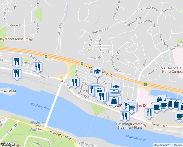 map of restaurants, bars, coffee shops, grocery stores, and more near 118 5th Street in Pittsburgh