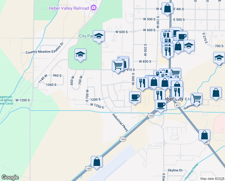 map of restaurants, bars, coffee shops, grocery stores, and more near 1076 Meadow Walk Lane in Heber City