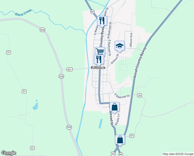 map of restaurants, bars, coffee shops, grocery stores, and more near 244 South Main Street in Killbuck