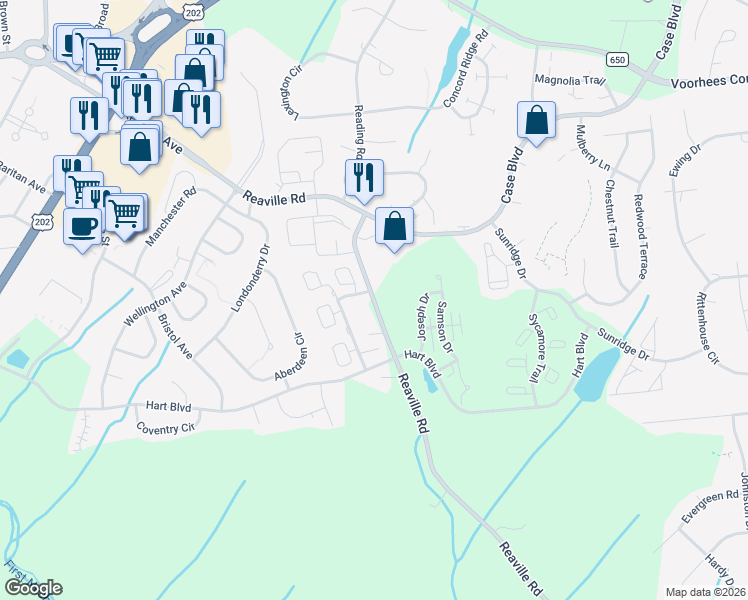 map of restaurants, bars, coffee shops, grocery stores, and more near 210 Reaville Road in Flemington