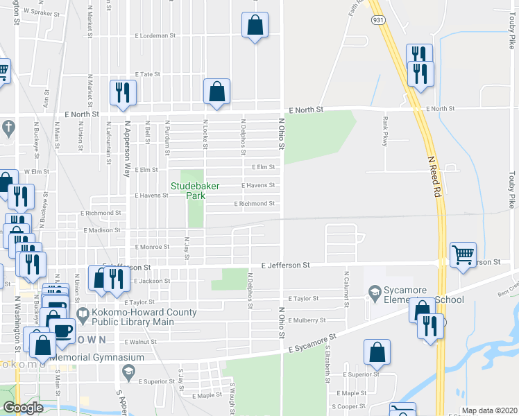 map of restaurants, bars, coffee shops, grocery stores, and more near 1025 East Richmond Street in Kokomo
