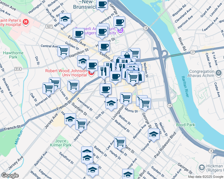 map of restaurants, bars, coffee shops, grocery stores, and more near 51 Kirkpatrick Street in New Brunswick