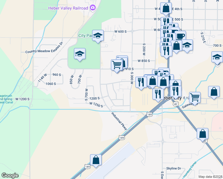 map of restaurants, bars, coffee shops, grocery stores, and more near 1076 Meadow Walk Lane in Heber City