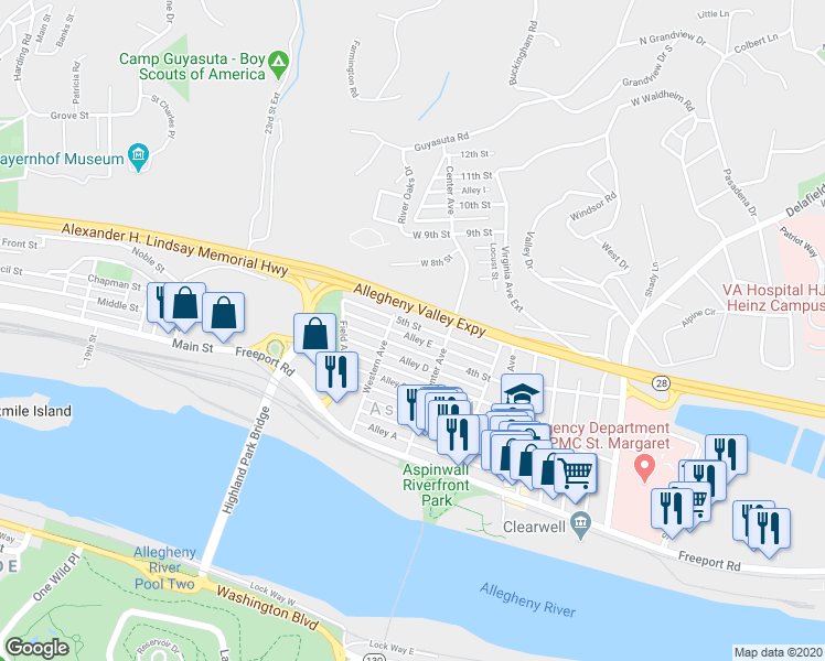 map of restaurants, bars, coffee shops, grocery stores, and more near 118 5th Street in Aspinwall