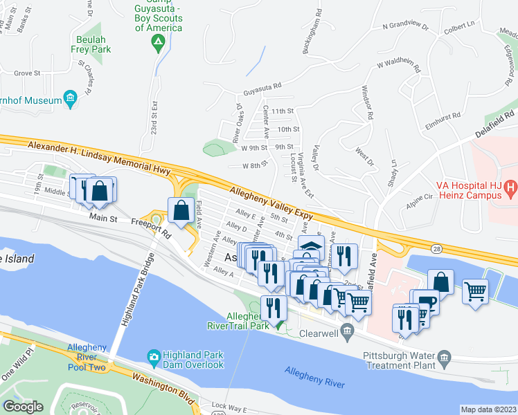 map of restaurants, bars, coffee shops, grocery stores, and more near 139 5th Street in Pittsburgh