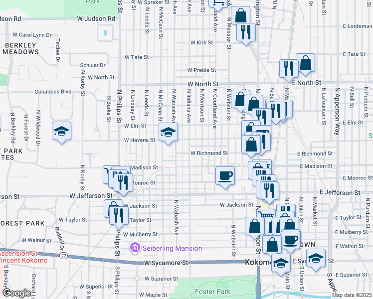 map of restaurants, bars, coffee shops, grocery stores, and more near 905 North Indiana Avenue in Kokomo