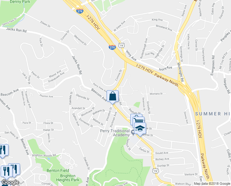 map of restaurants, bars, coffee shops, grocery stores, and more near 4135 Franklin Road in Pittsburgh