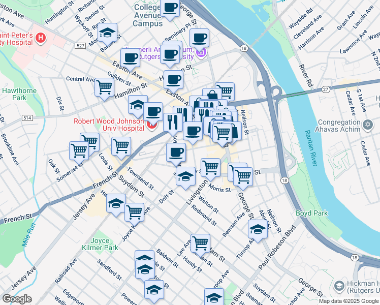 map of restaurants, bars, coffee shops, grocery stores, and more near 51 Kirkpatrick Street in New Brunswick