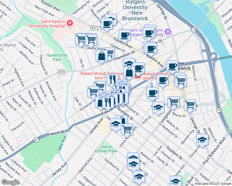 map of restaurants, bars, coffee shops, grocery stores, and more near 16 Prospect Street in New Brunswick