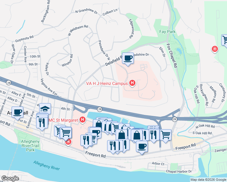 map of restaurants, bars, coffee shops, grocery stores, and more near 144 Riverview Terrace in Pittsburgh