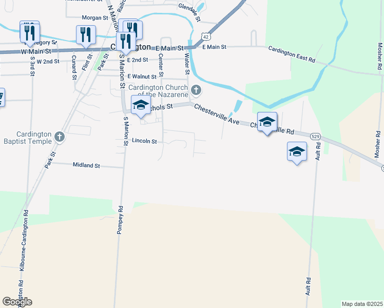 map of restaurants, bars, coffee shops, grocery stores, and more near 472 Kinsale Dr in Cardington